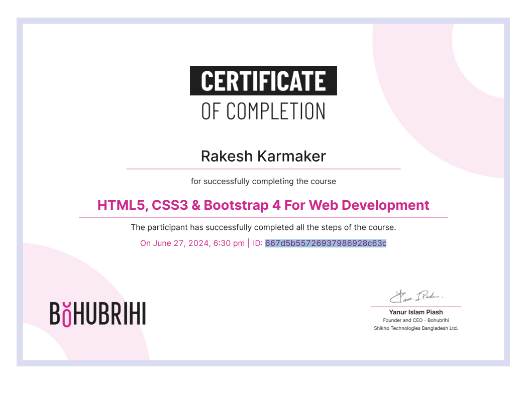 HTML5, CSS3 & Bootstrap 4 For Web Development Certificate